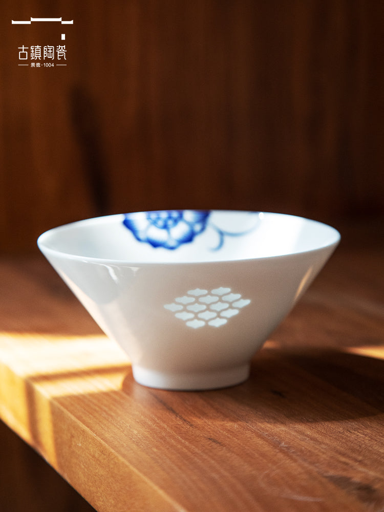 景德镇碗复古斗笠碗青花瓷碗米饭碗家用面碗餐具陶瓷玲珑瓷碗饭碗