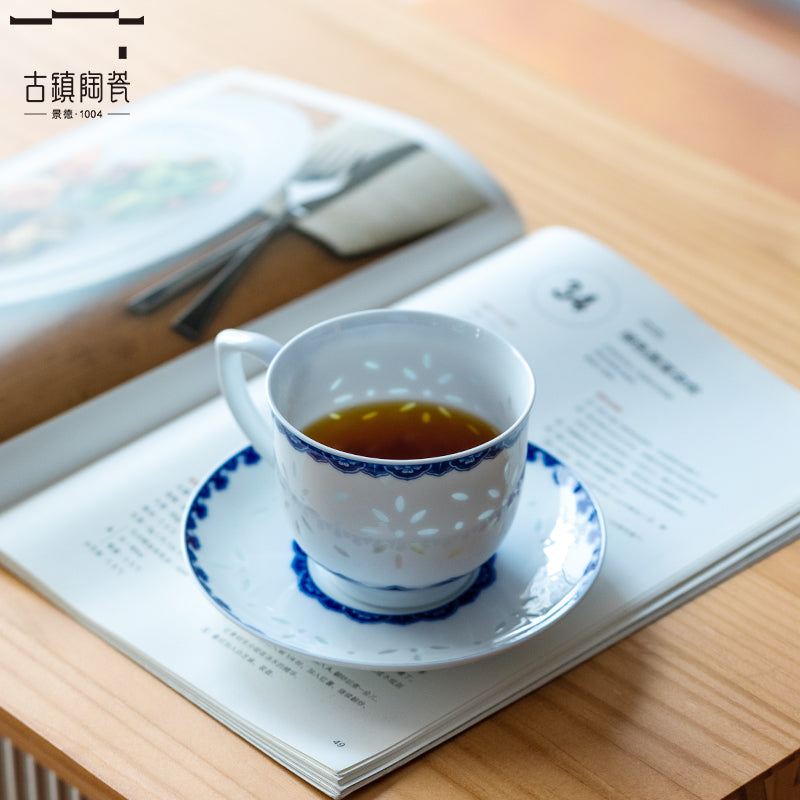 玲珑瓷马克杯咖啡杯碟陶瓷燕麦杯水杯景德镇青花瓷牛奶杯早餐杯