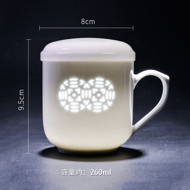 古镇陶瓷景德镇玲珑过滤杯带盖茶杯白瓷水杯泡茶杯子马克杯陶瓷杯