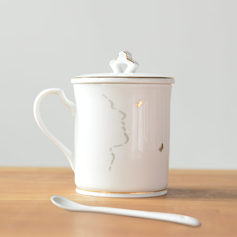 古镇陶瓷景德镇玲珑陶瓷茶杯马克杯带盖带勺简约水杯杯子情侣杯